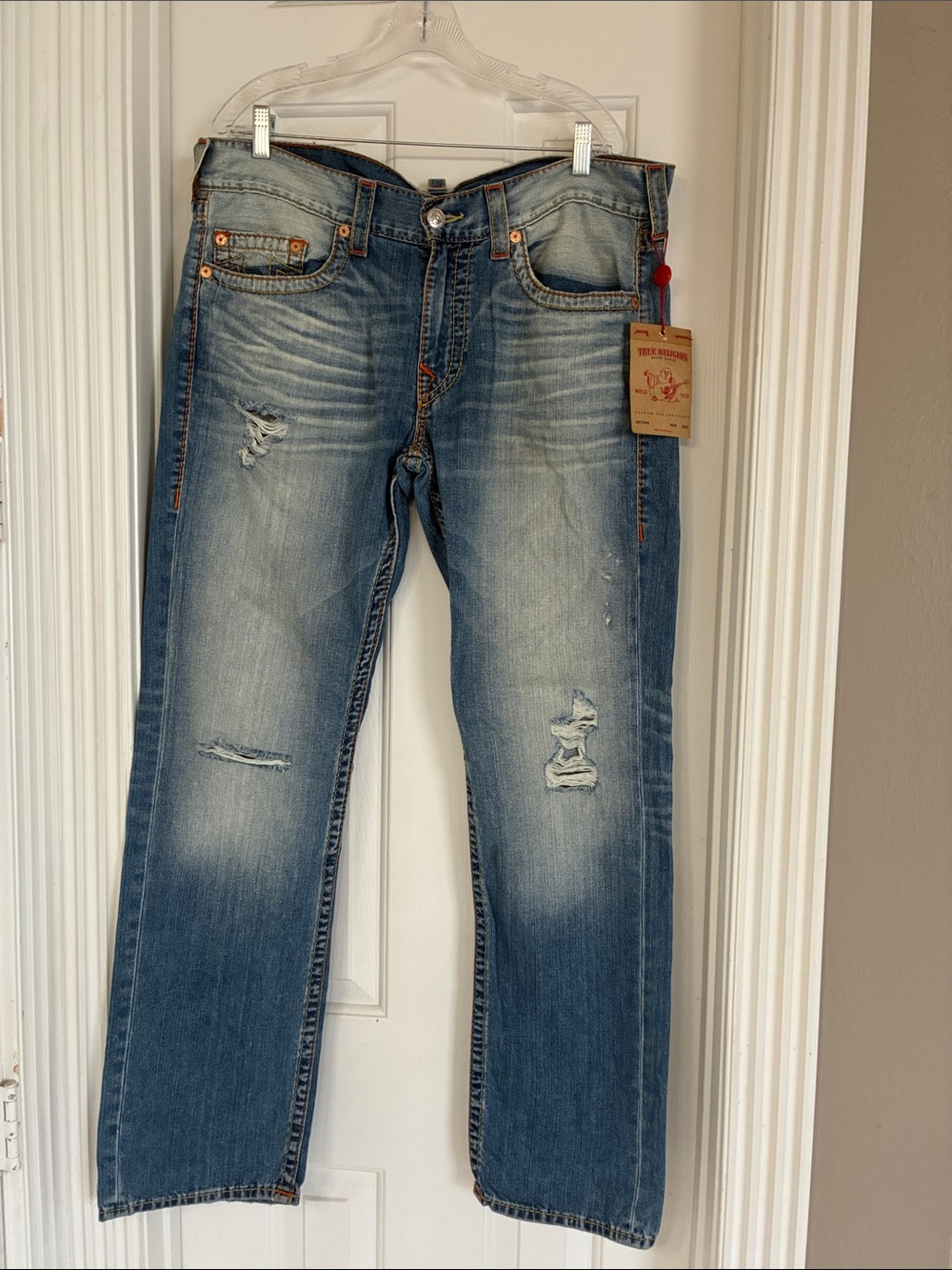 True Religion Men's Light Blue Distressed Relaxed Jeans